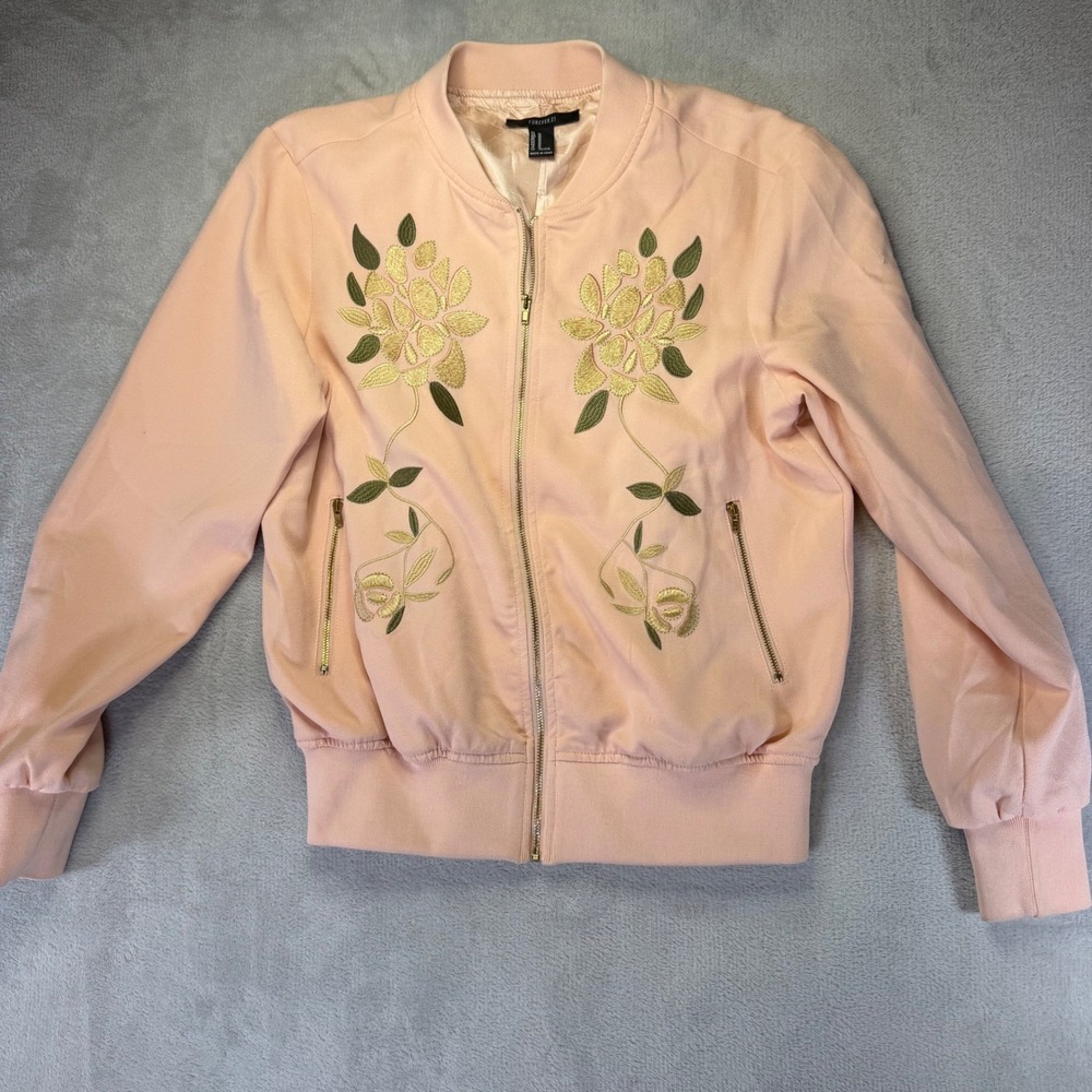 Forever 21 Pink Floral Embroidered Bomber Jacket Full Zip Medium Style 19815 - Picture 1 of 7